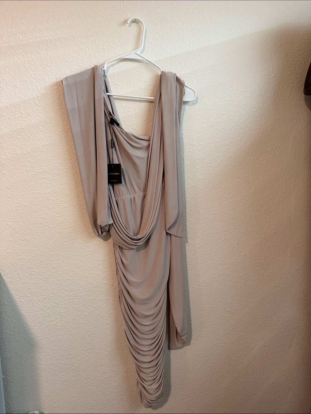JLUXLABEL One-Shoulder Draped Evening Dress in Light Grey